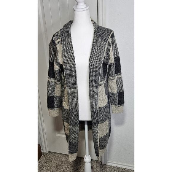 Black & Tan Knit Plaid Duster Cardigan With Hood - Picture 1 of 11